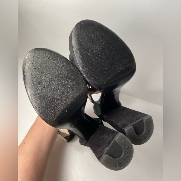 Hermes open toe suede colorblock pumps block heels black 35.5 - Picture 7 of 10